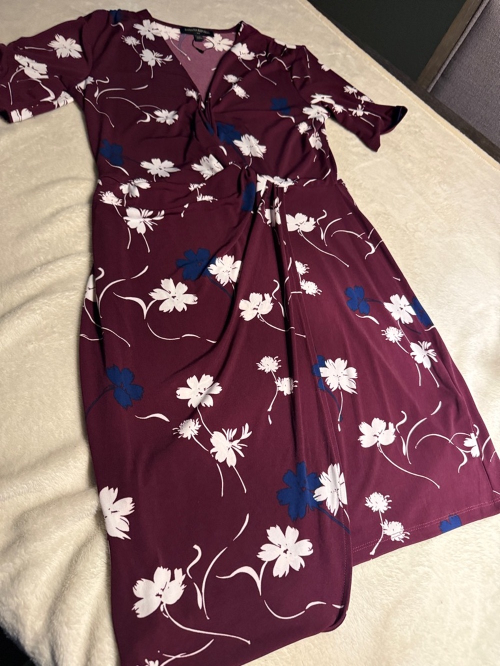 Banana Republic Burgundy Floral Midi Dress with White and Blue Flowers